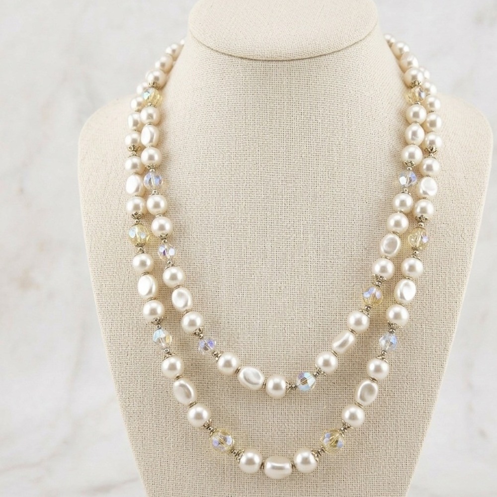 Vintage Gold Plated Cultured Faux Pearl Crystal Double‎ Strand Clasp Necklace